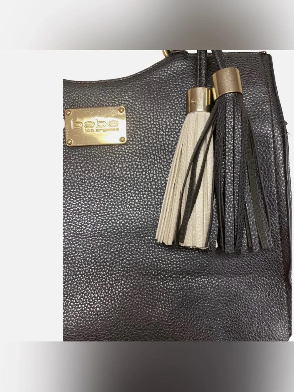 bebe Black Satchel with Gold Ring Handles and Two-Tone Tassels